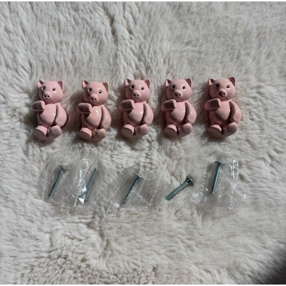 Farmhouse Pink Pig Drawer Pulls Knobs Cabinet Hardware Set of 5 Poly Resin
